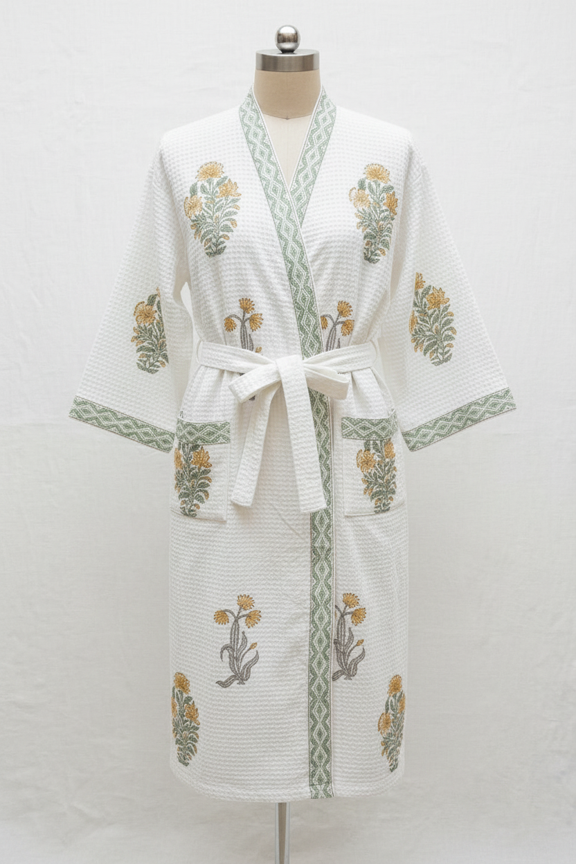 Block Print Floral Robe Yellow and Sage on mannequin