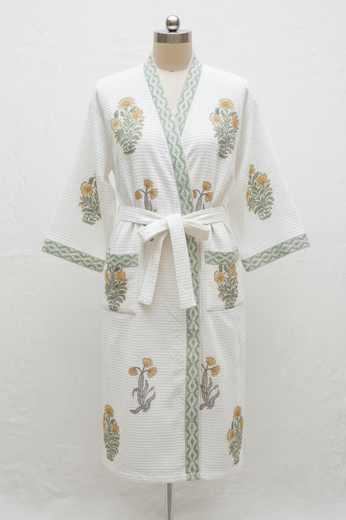 Block Print Floral Robe Yellow and Sage on mannequin