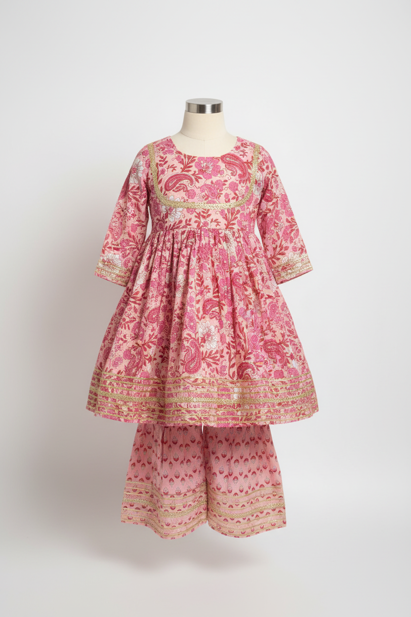 Kids Festive Frock Pink Paisley Sharara on mannequin