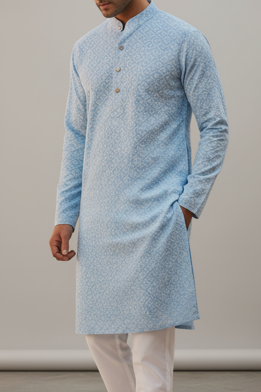 Man wearing sky blue Chikankari kurta with white pyjama