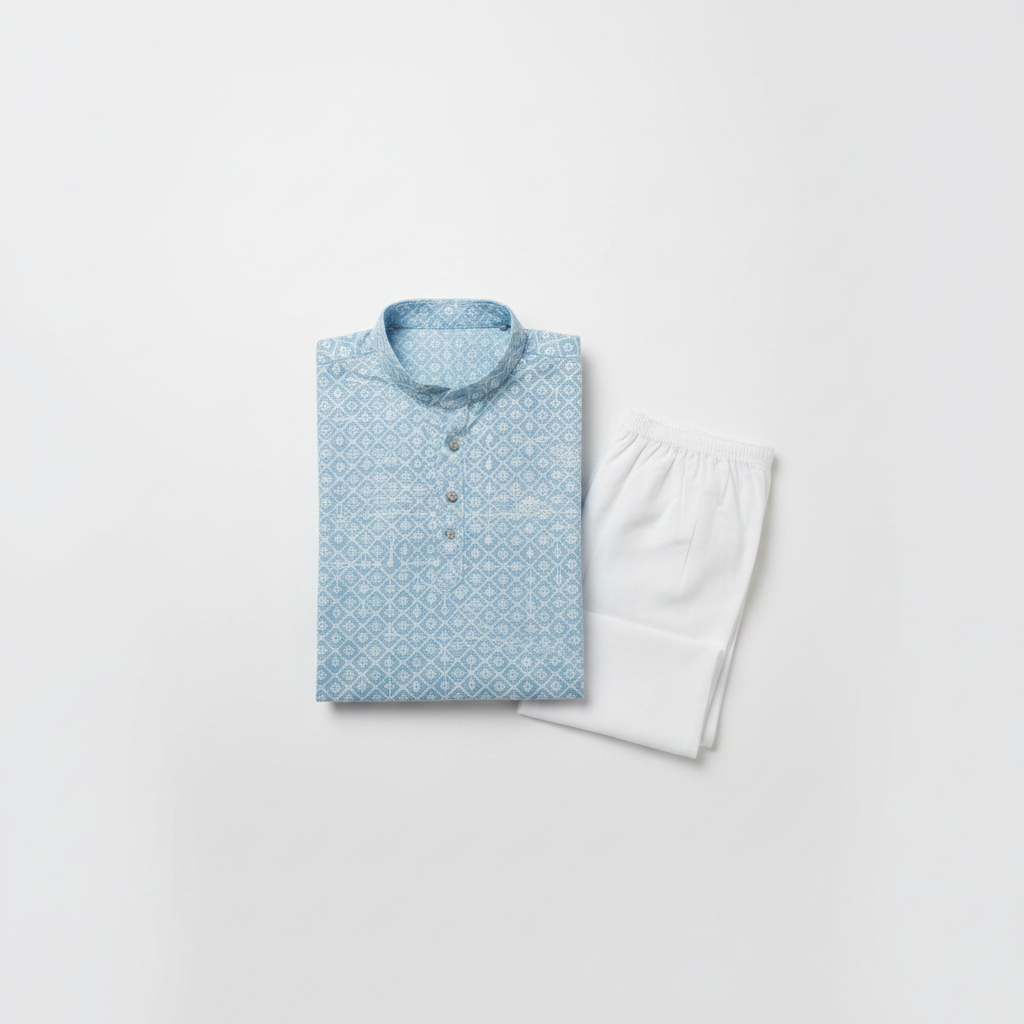 Sky blue Chikankari kurta set flat lay