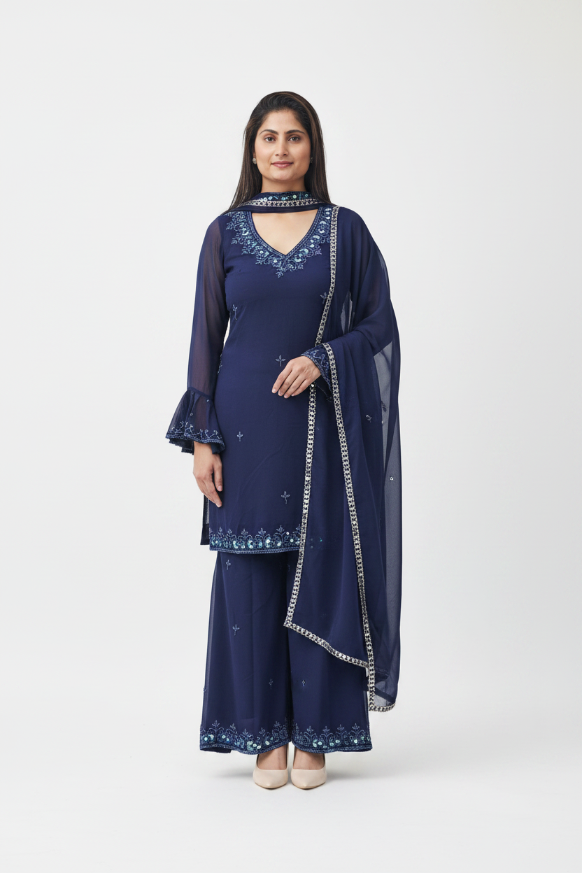 Navy Blue Embroidered Chiffon Kurti Set