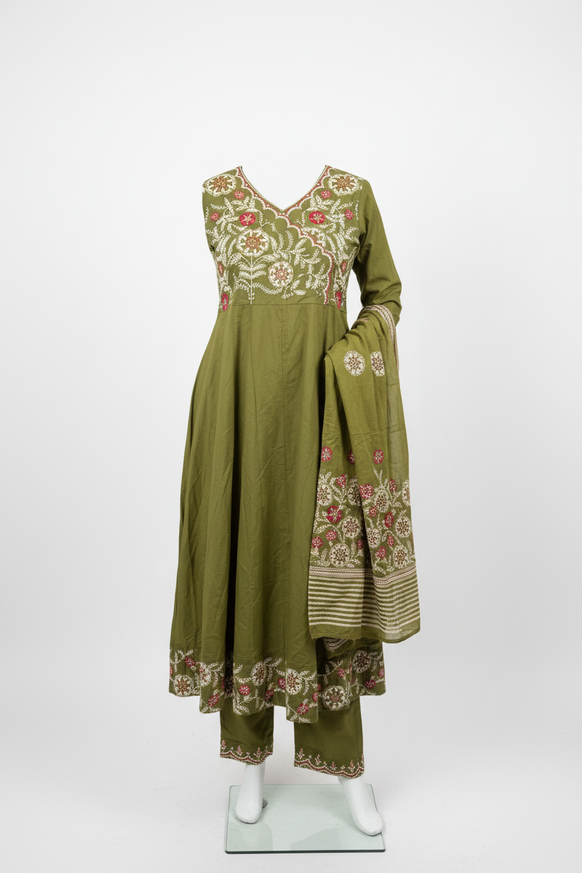 Olive Green Embroidered Kurti Set