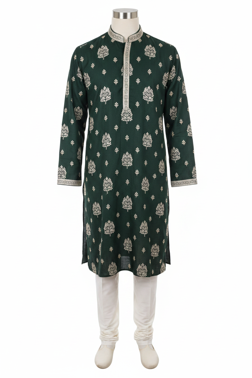 Premium Deep Green Embroidered Men's Kurta Set